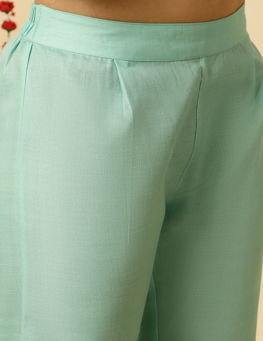 EMBROIDERED GREEN ROSE PRINT PLEATED PAKISTANI KURTA WITH PANTS AND DUPATTA