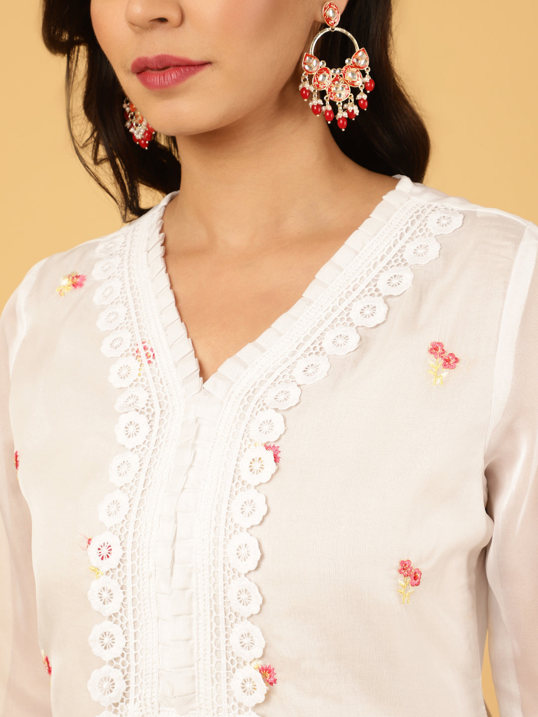 White Aari Work Art Silk Kurta With Pants And Dupatta