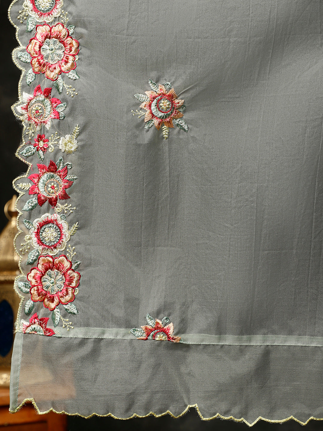 Blue Embroidered Art Silk Chanderi A-line Kurta With Pants And Dupatta