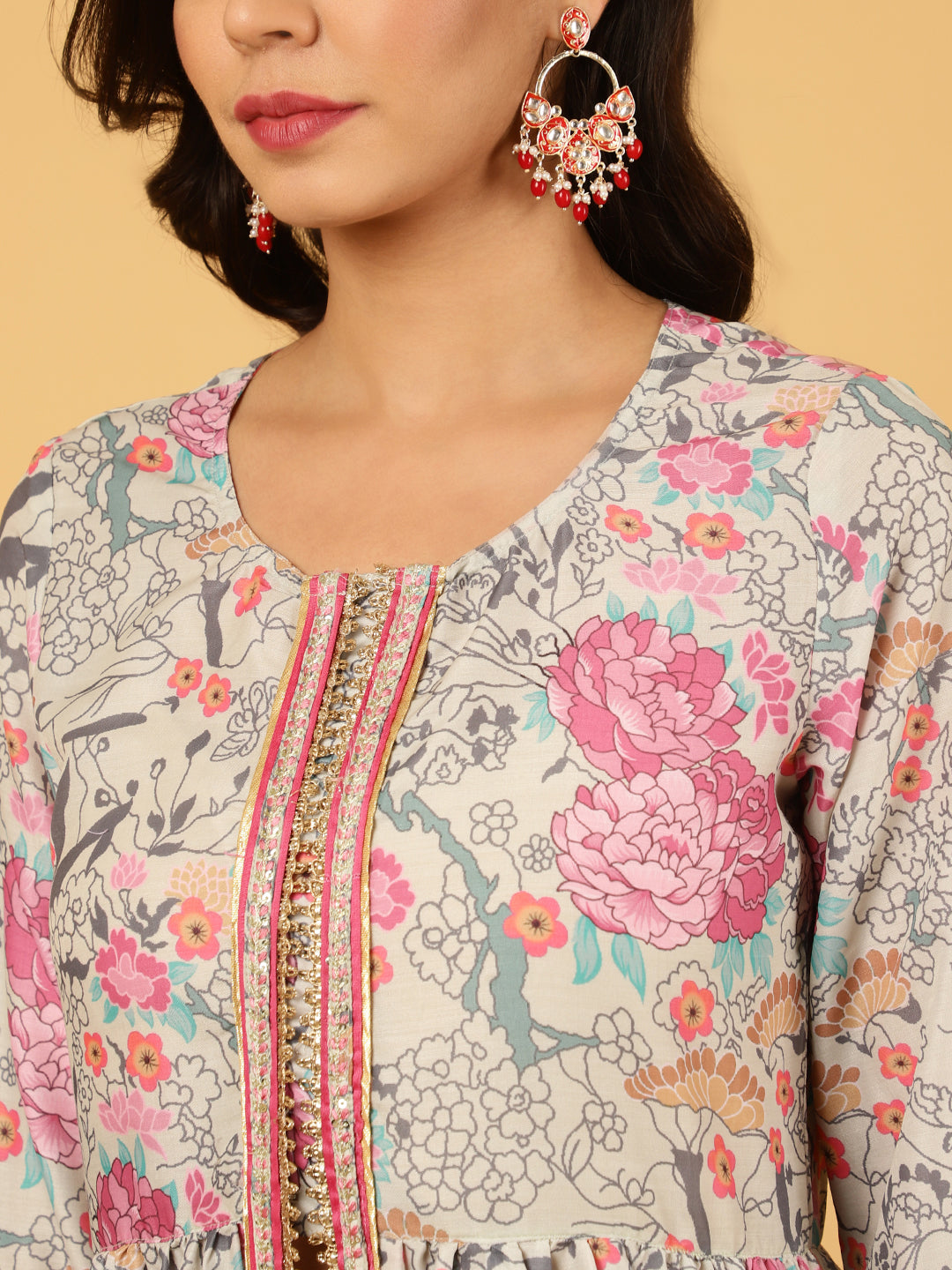 Grey Floral Printed Gathered Kurta With Pants