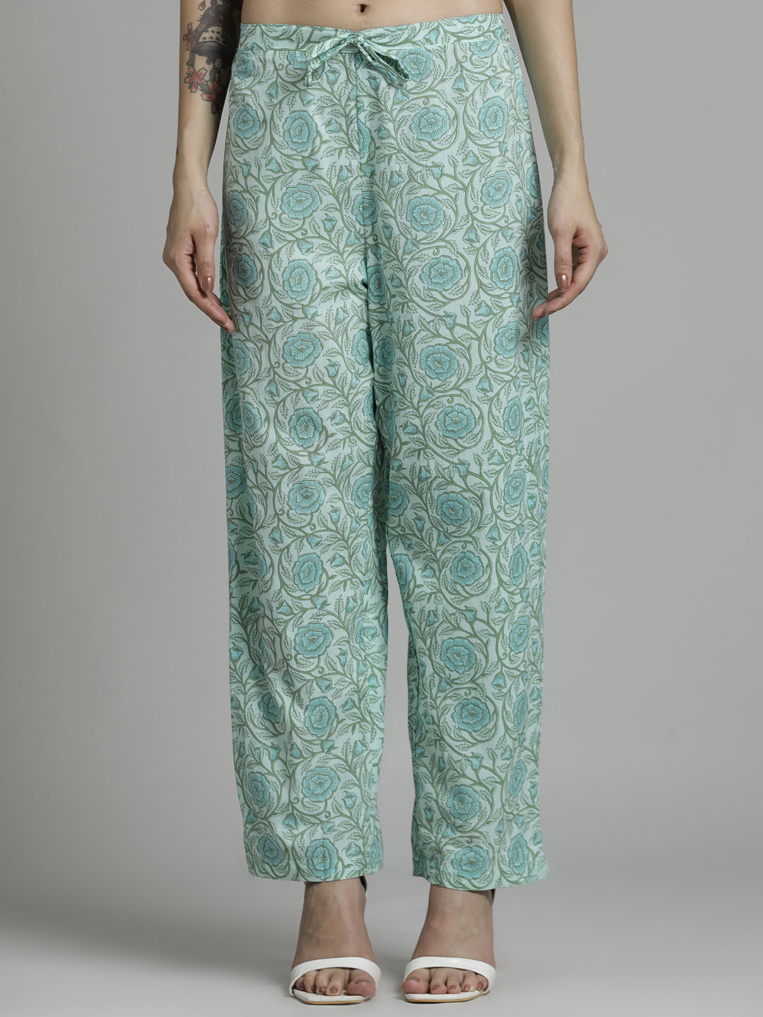 Off White Green Floral Printed Cotton Suit Set