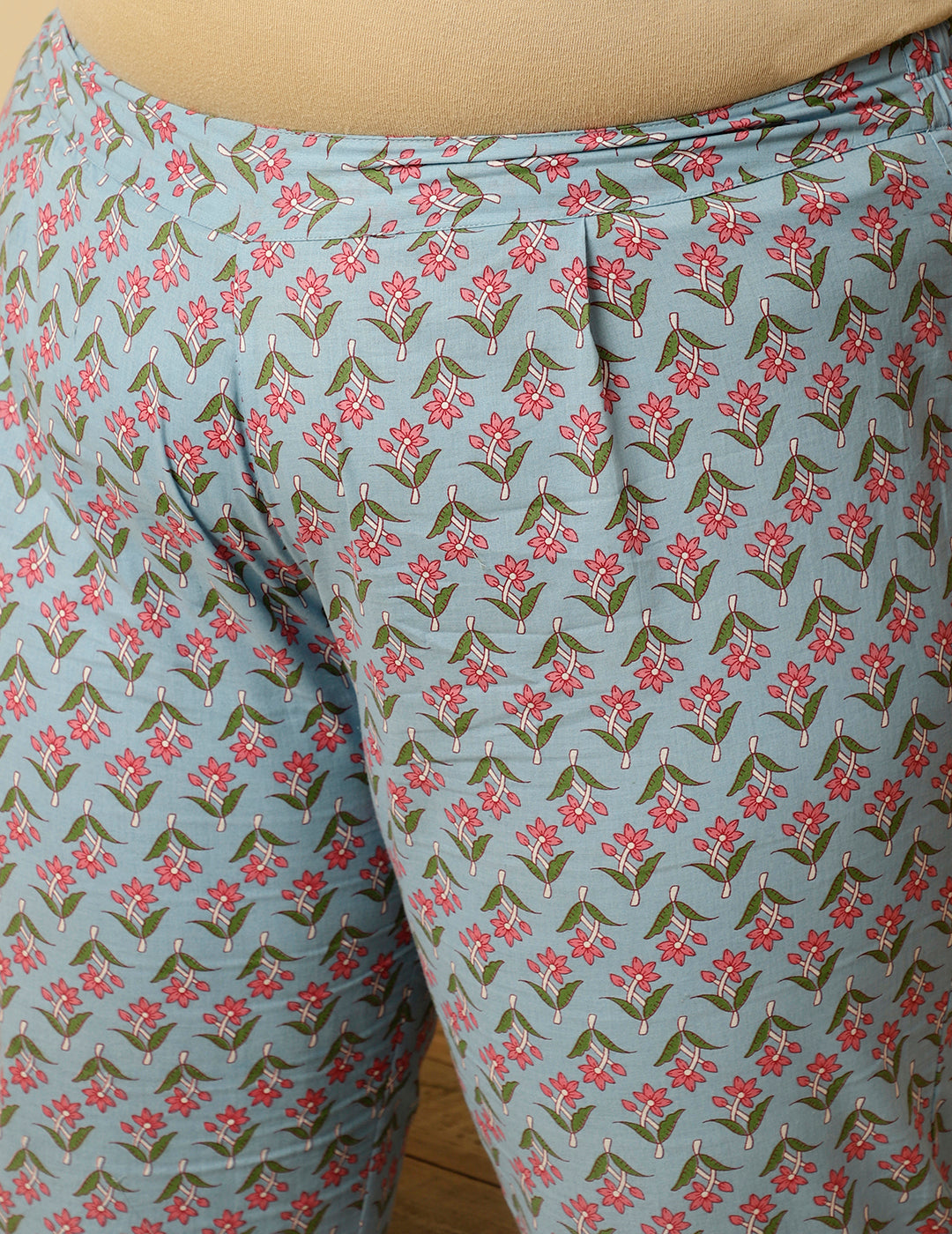 Plus Size Blue Ethnic Print Anarkali Kurta With Pants And Dupatta