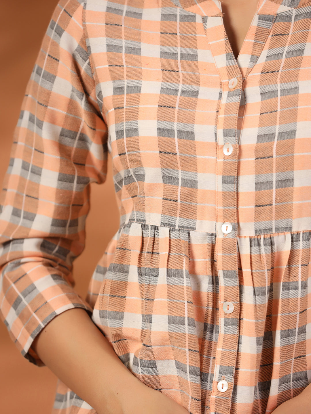 Peach And White Checks Cotton Gathered Shirt