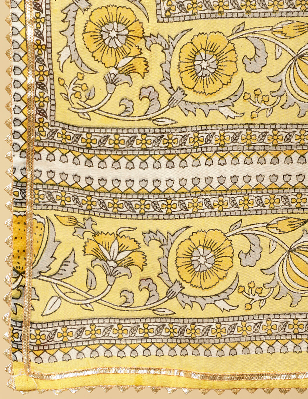 Plus Size Yellow Ethnic Print Anarkali Kurta With Pants And Dupatta