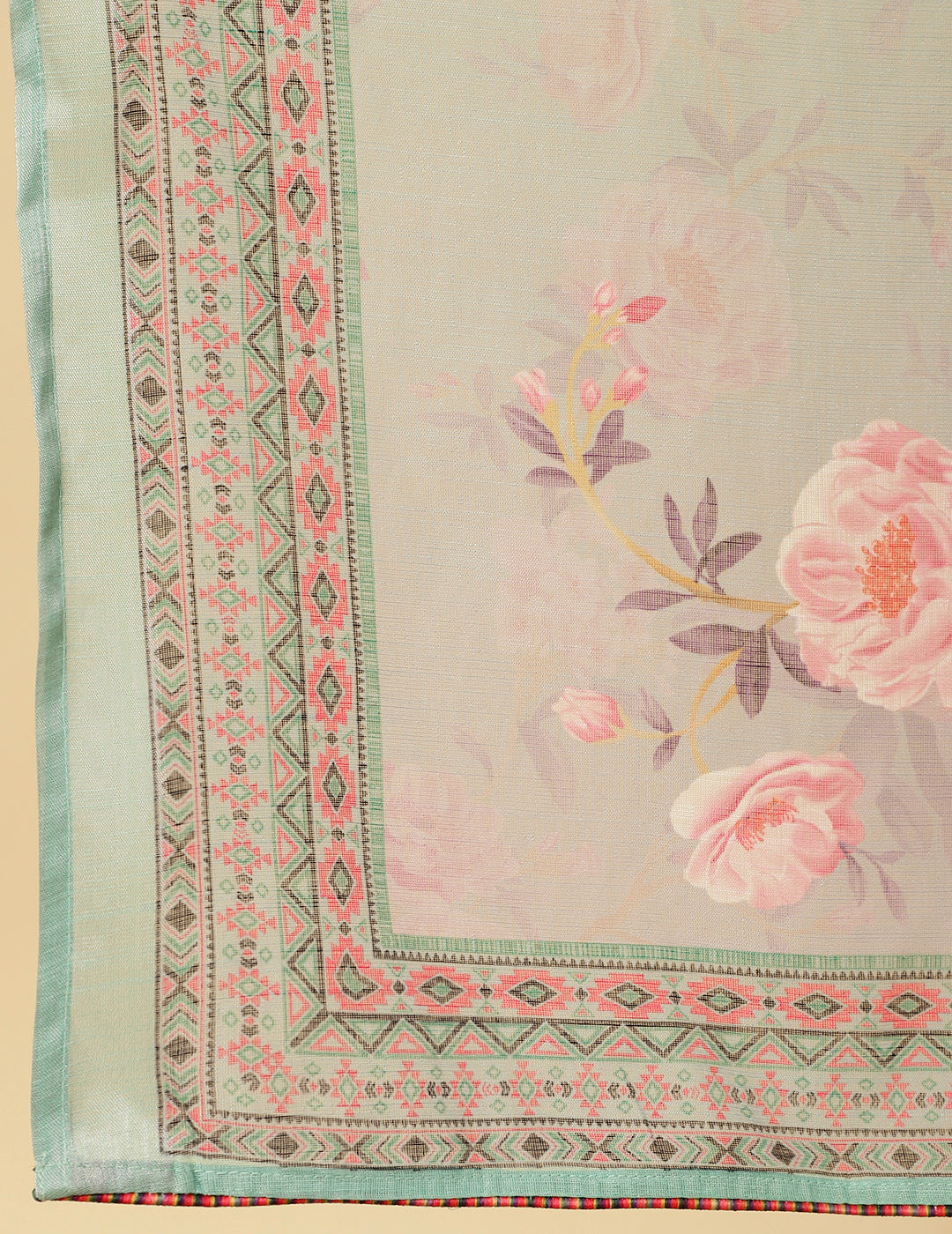 EMBROIDERED GREEN ROSE PRINT PLEATED PAKISTANI KURTA WITH PANTS AND DUPATTA