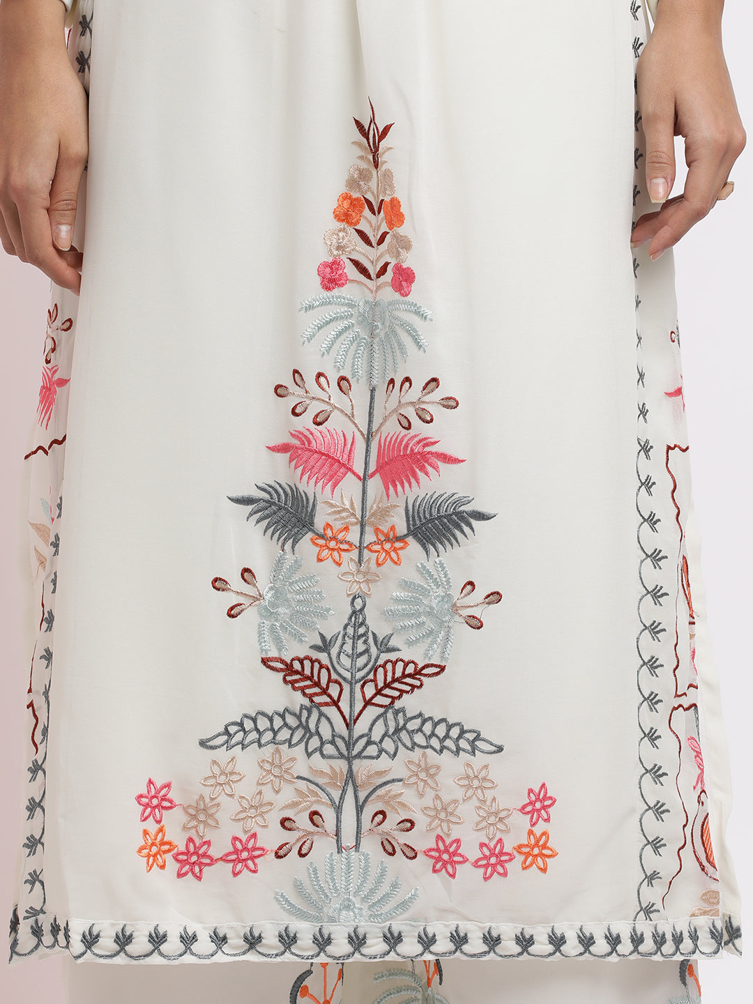 White Thread Embroidered Georgette Kurta Set With Dupatta