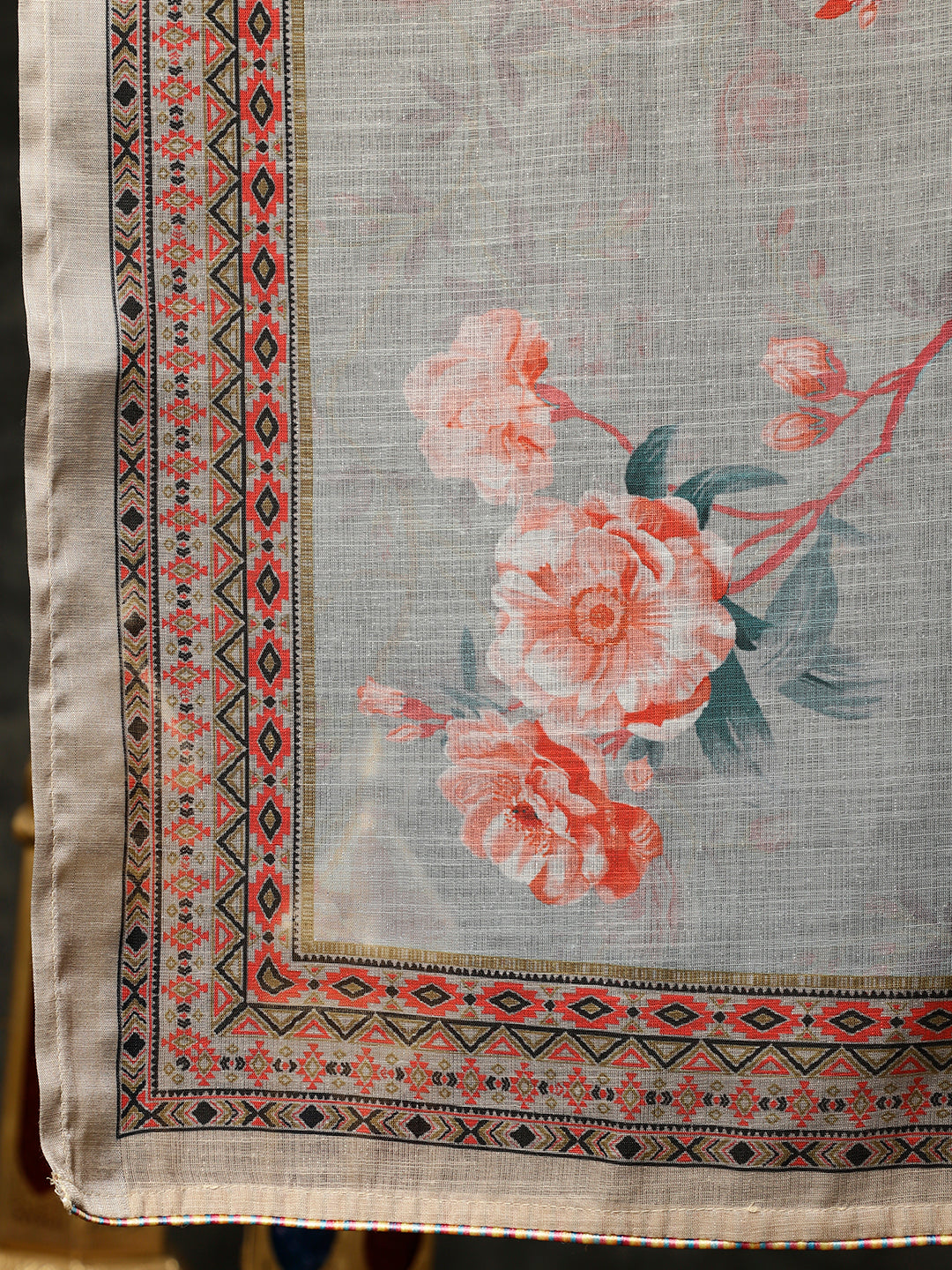 Embroidered Beige Rose Print Pleated Pakistani Kurta With Pants And Dupatta