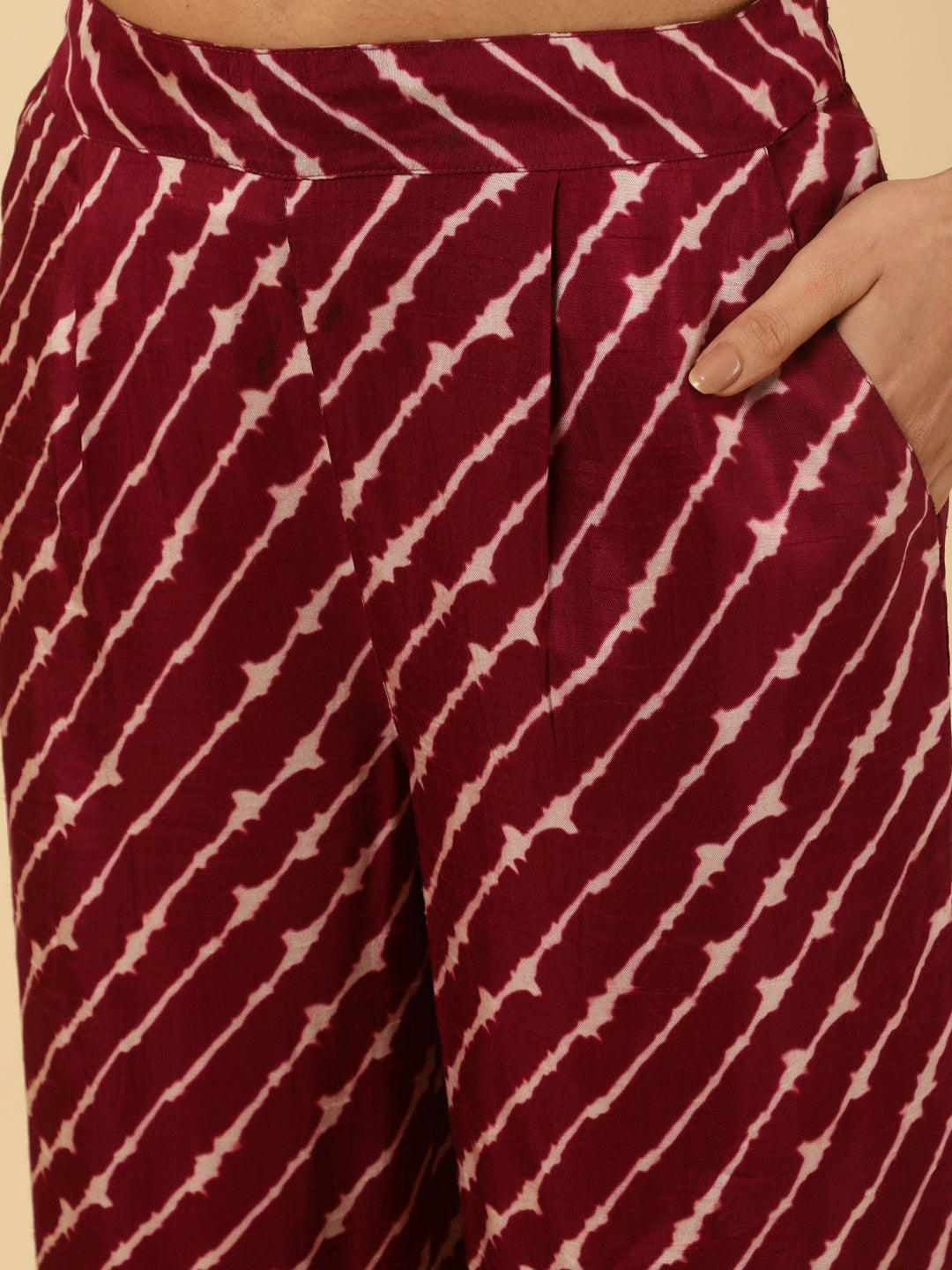 Wine Dola Silk Pleated Bandhani Kurta With Palazzo And Dupatta