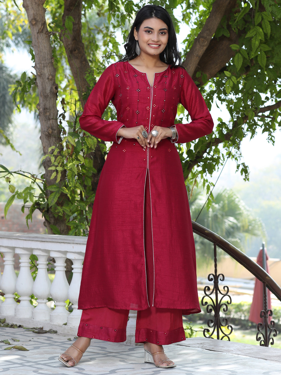 Maroon Embroidered A-Line Silk Kurta With Palazzo