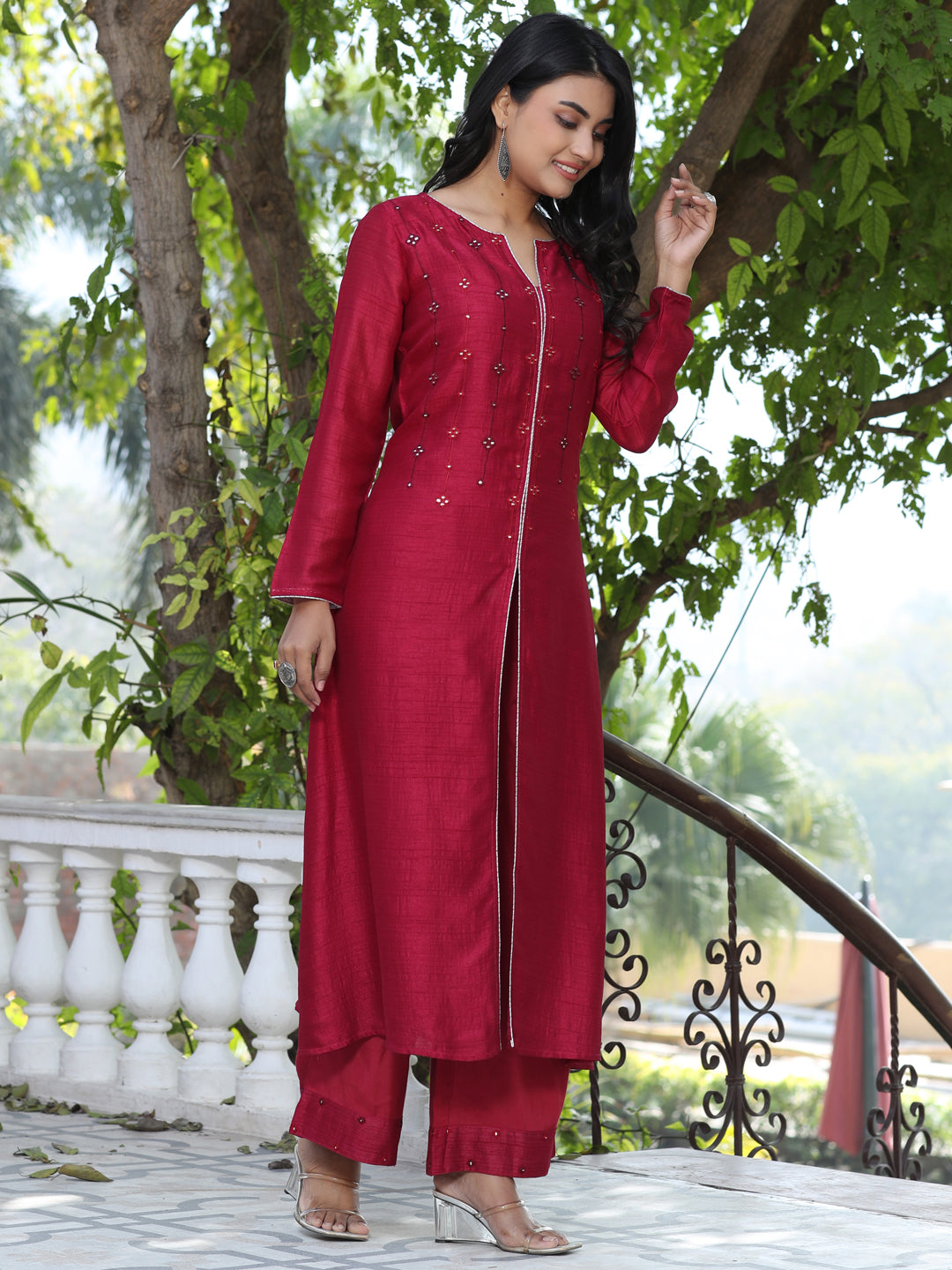 Maroon Embroidered A-Line Silk Kurta With Palazzo