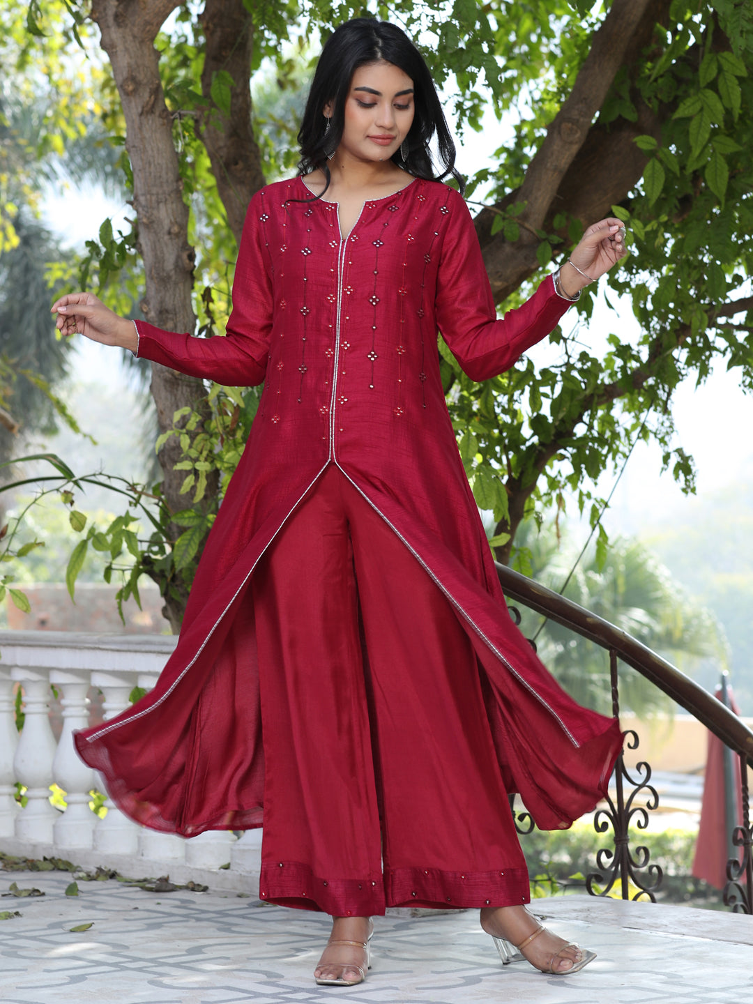 Maroon Embroidered A-Line Silk Kurta With Palazzo