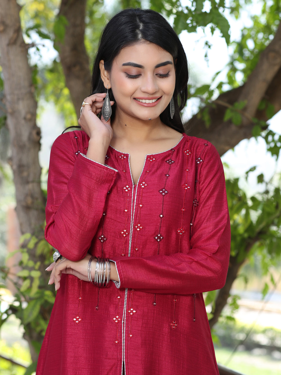 Maroon Embroidered A-Line Silk Kurta With Palazzo