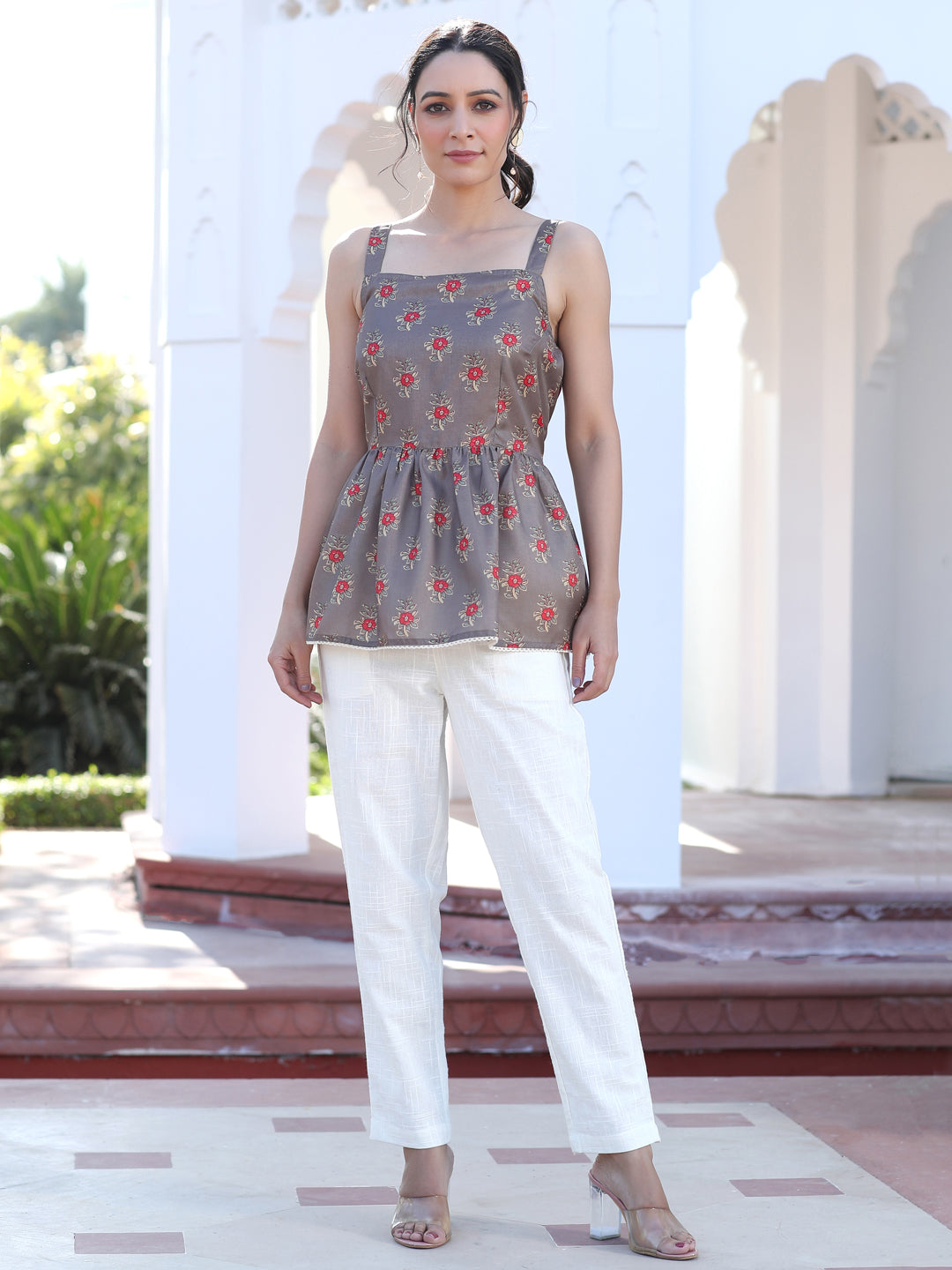 Brown Floral Printed Art Silk Strappy Peplum Top