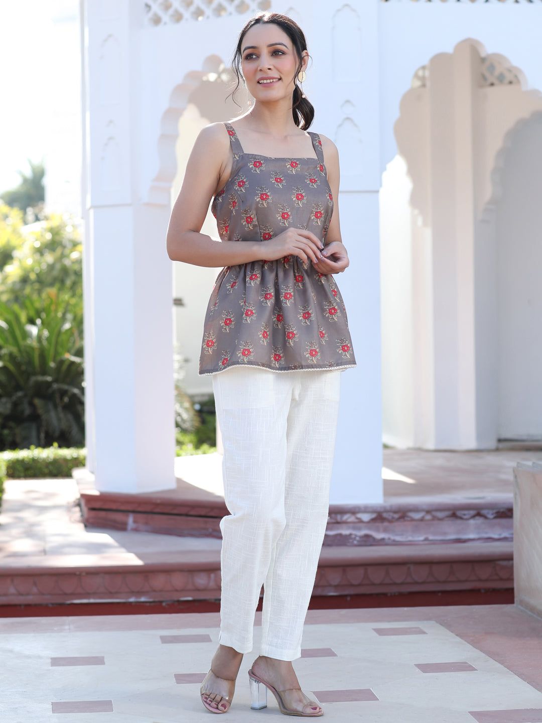 Brown Floral Printed Art Silk Strappy Peplum Top