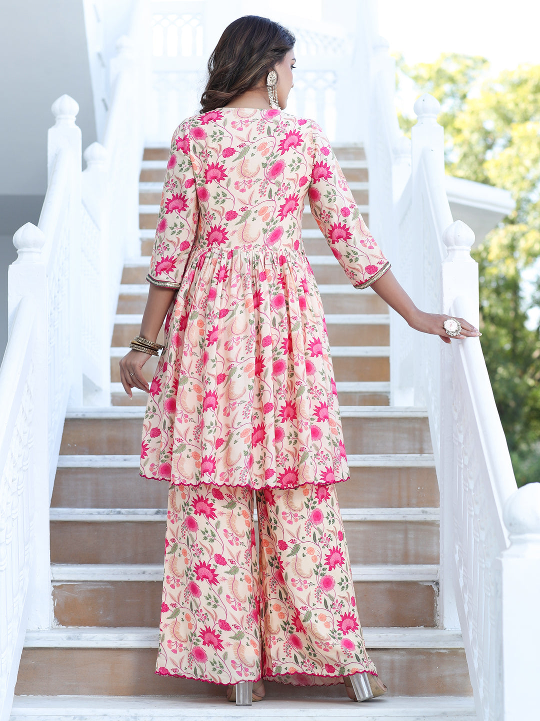 Zardozi Embroidered Peach Silk Floral Printed Flared Kurta With Palazzo