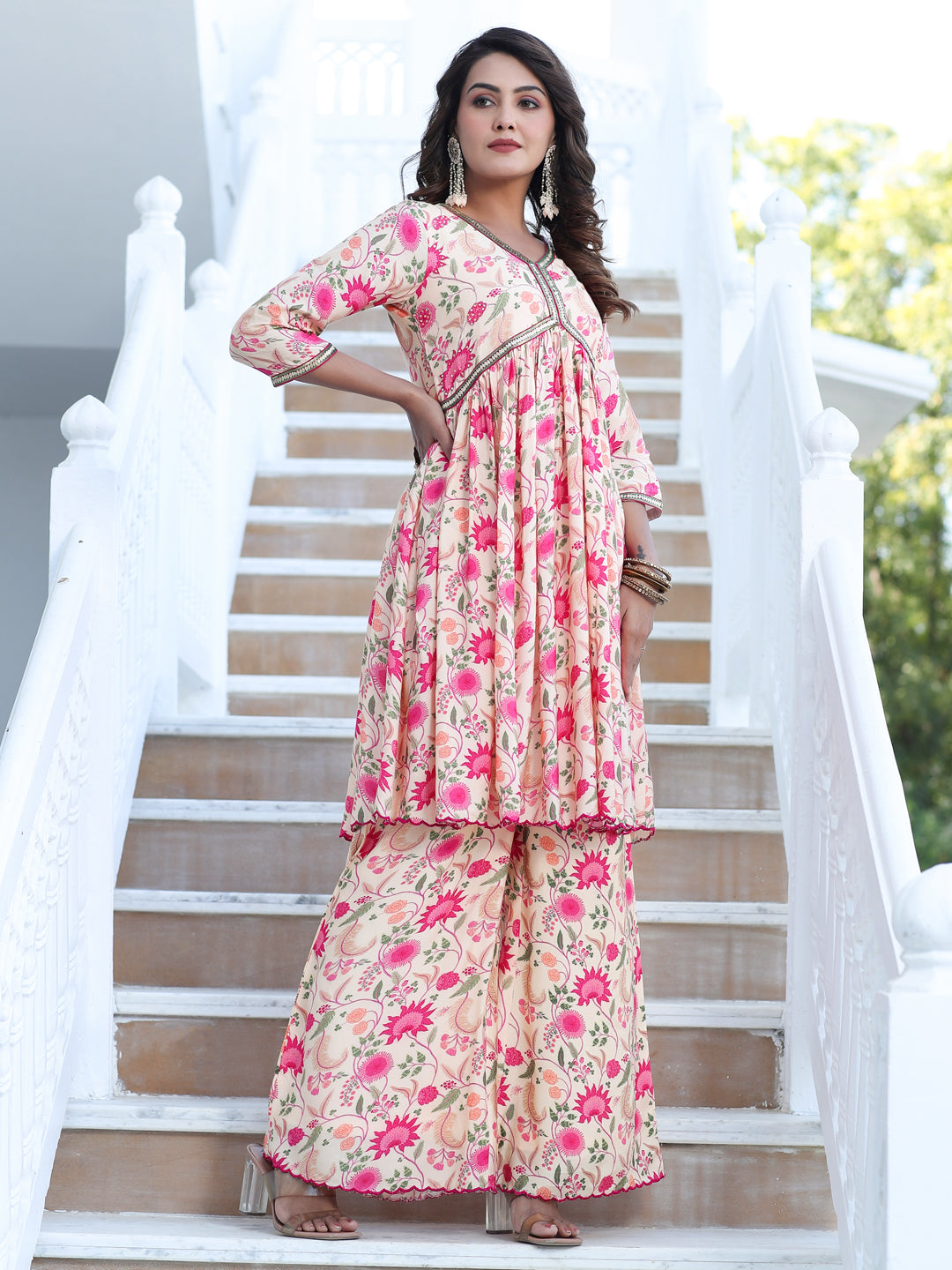 Zardozi Embroidered Peach Silk Floral Printed Flared Kurta With Palazzo