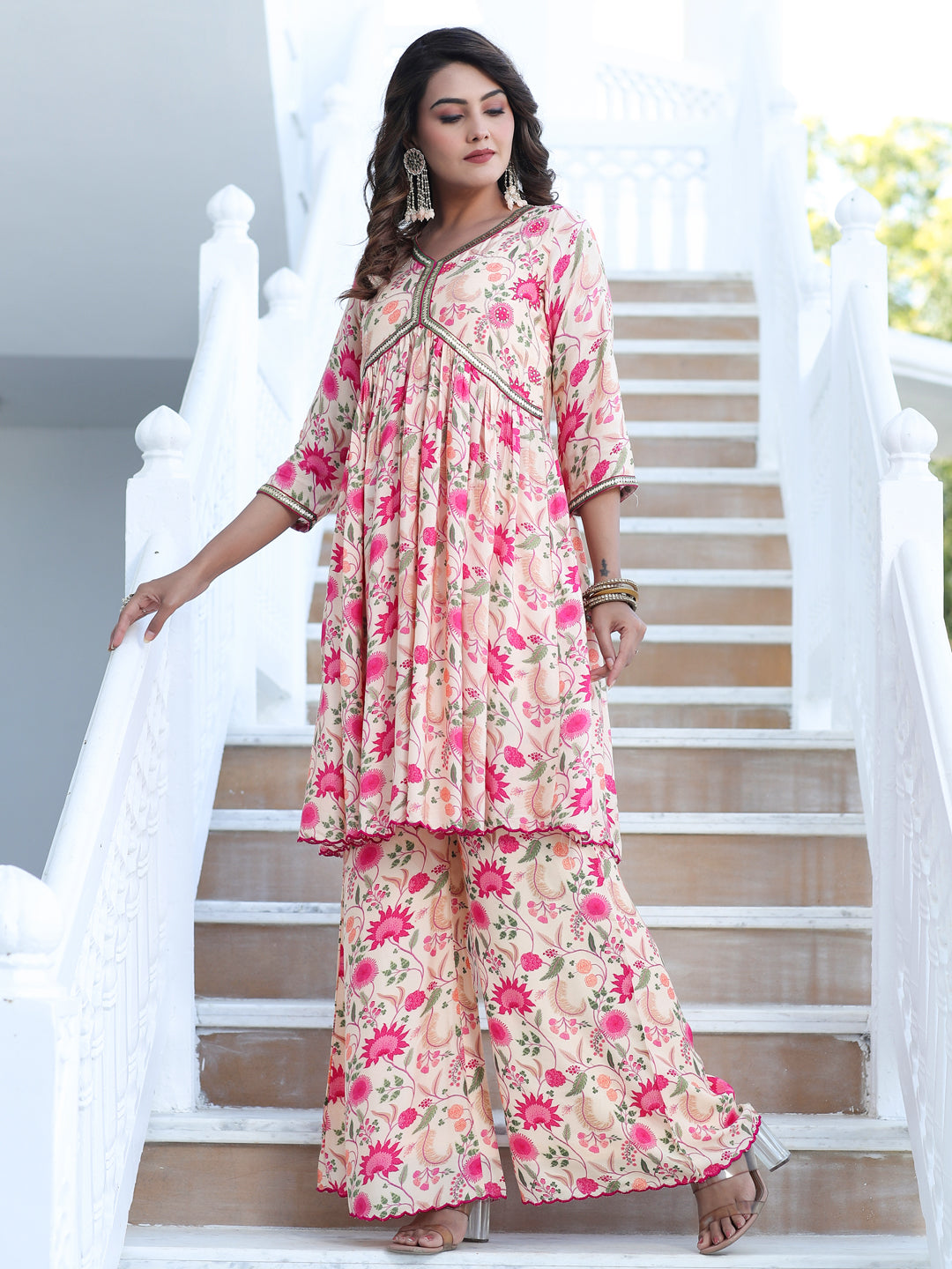 Zardozi Embroidered Peach Silk Floral Printed Flared Kurta With Palazzo