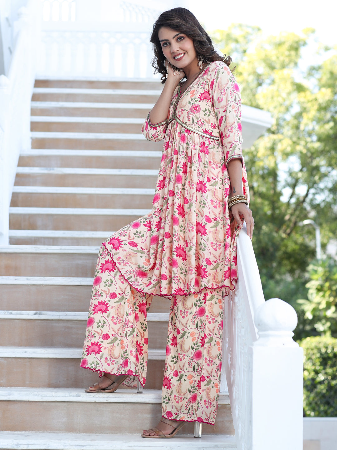 Zardozi Embroidered Peach Silk Floral Printed Flared Kurta With Palazzo