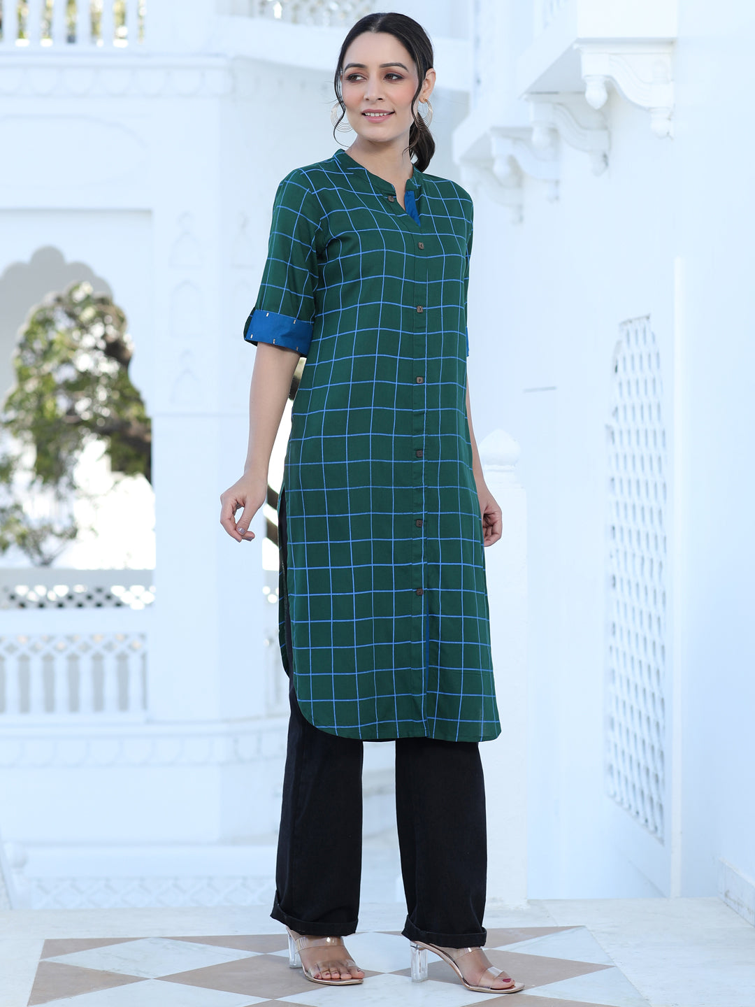 Green Checks Rayon Straight Kurta