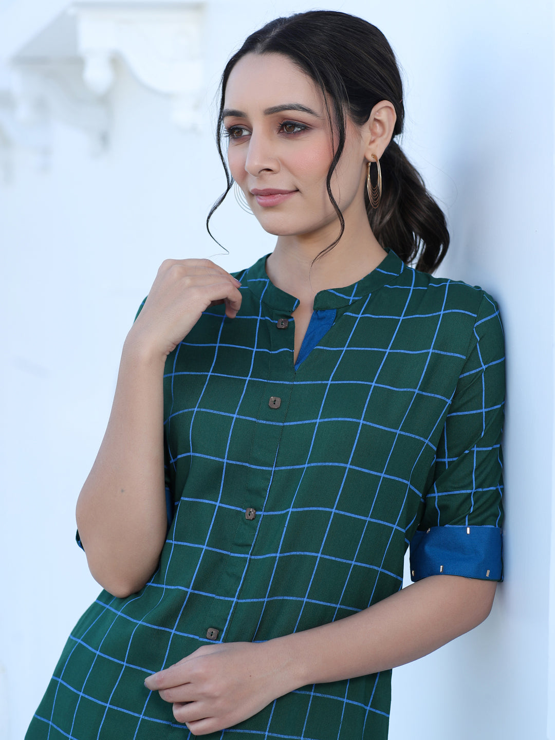 Green Checks Rayon Straight Kurta