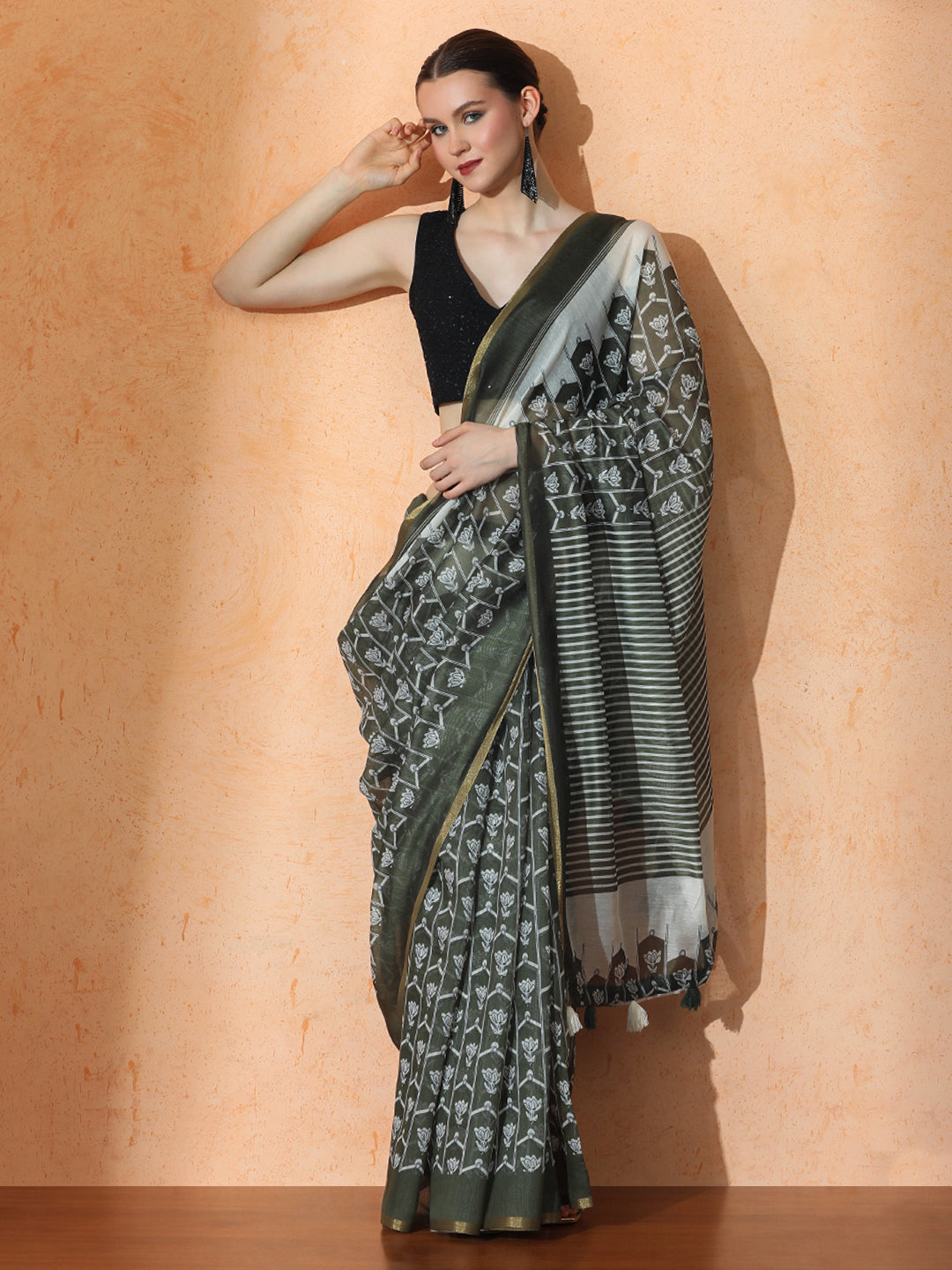 floral Chanderi Cotton Saree with Unstiched Blouse