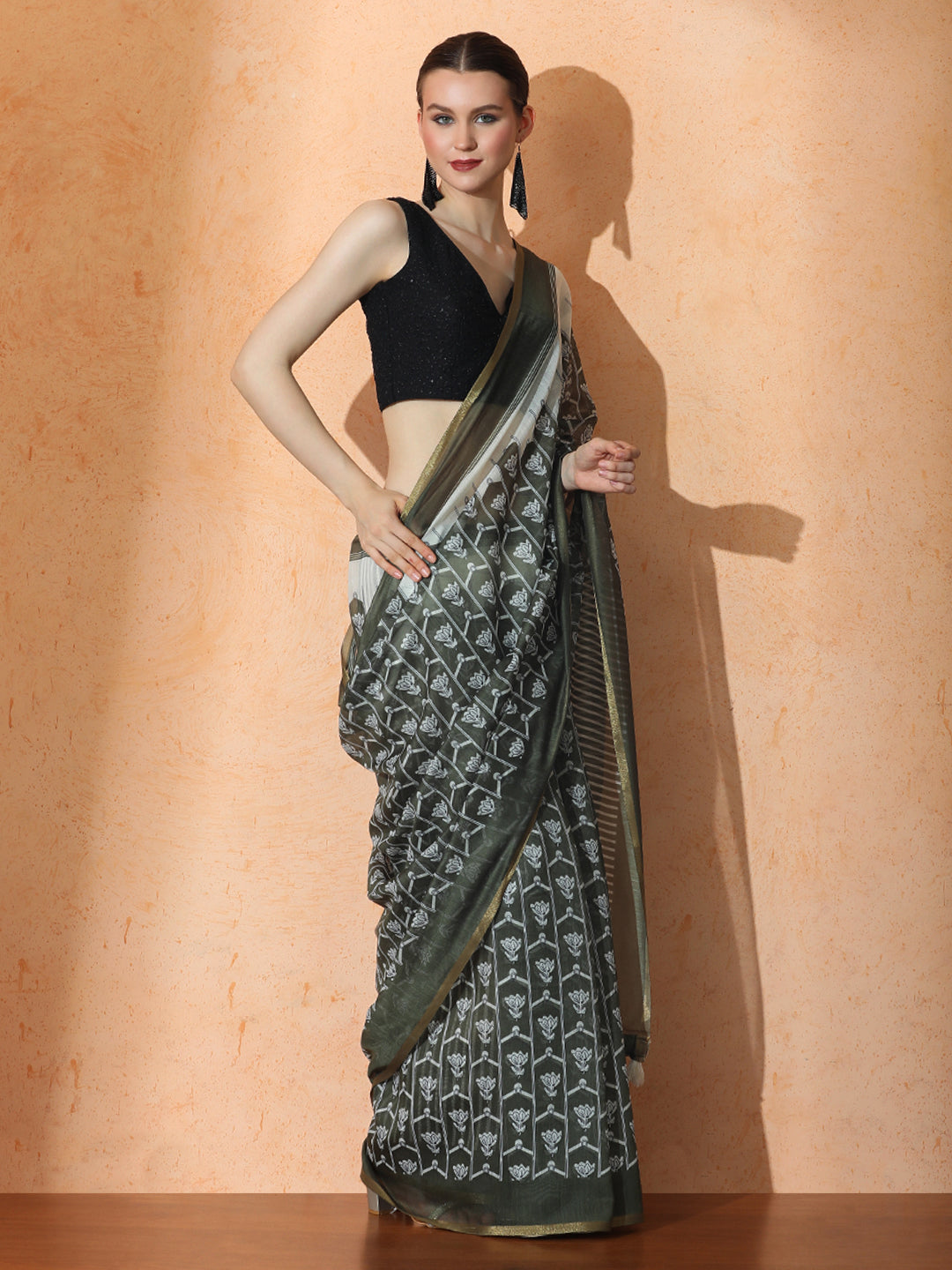 floral Chanderi Cotton Saree with Unstiched Blouse