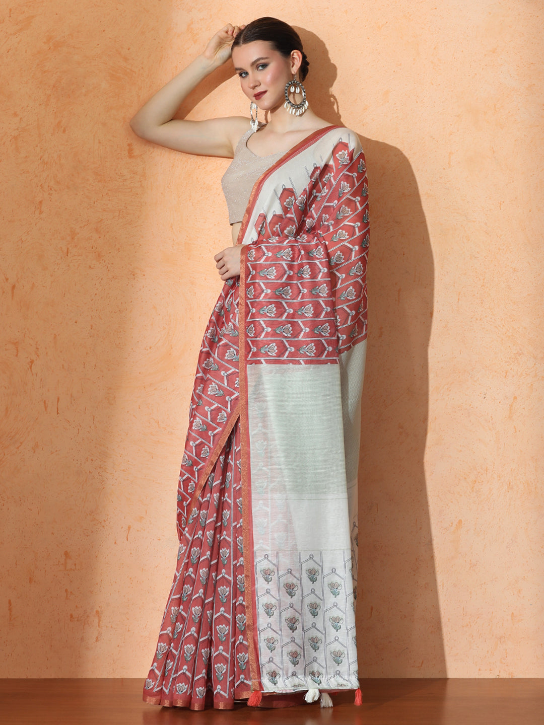 Floral Chanderi Cotton Saree with Unstiched Blouse