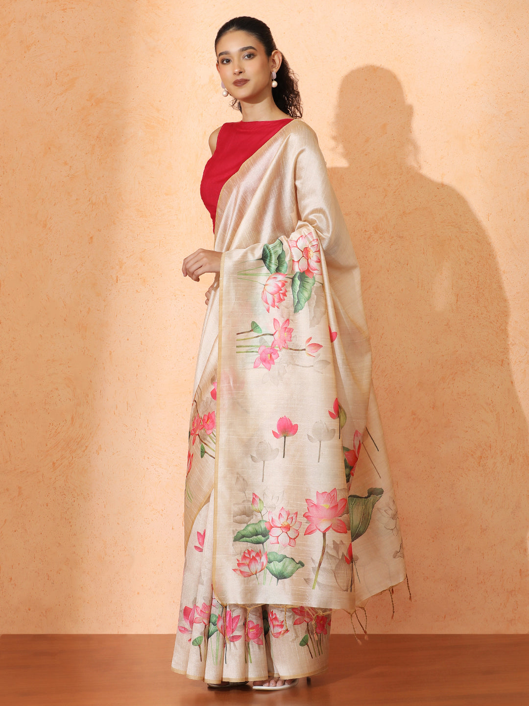 Floral Tussar Silk Saree with Unstiched Blouse