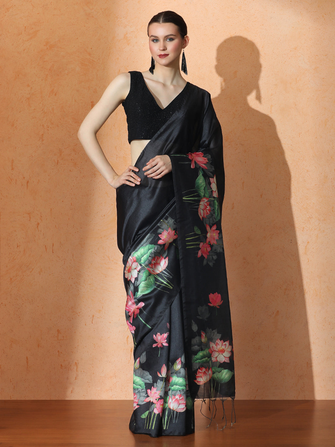 Floral Tussar Silk Saree with Unstiched Blouse