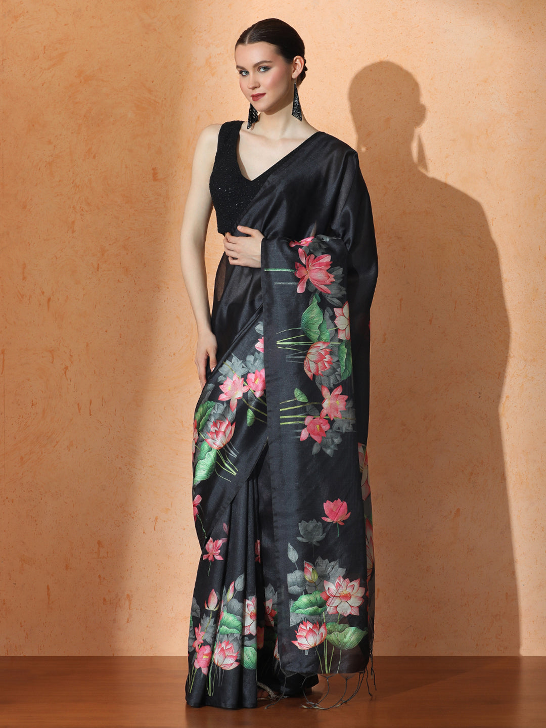 Floral Tussar Silk Saree with Unstiched Blouse
