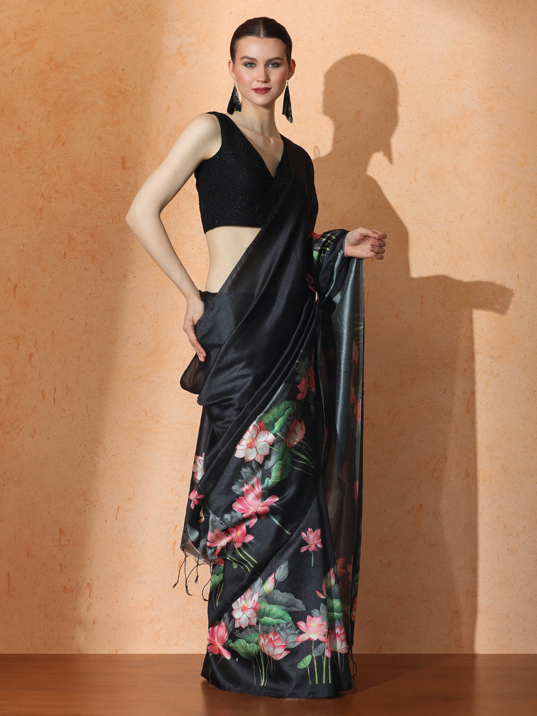 Floral Tussar Silk Saree with Unstiched Blouse