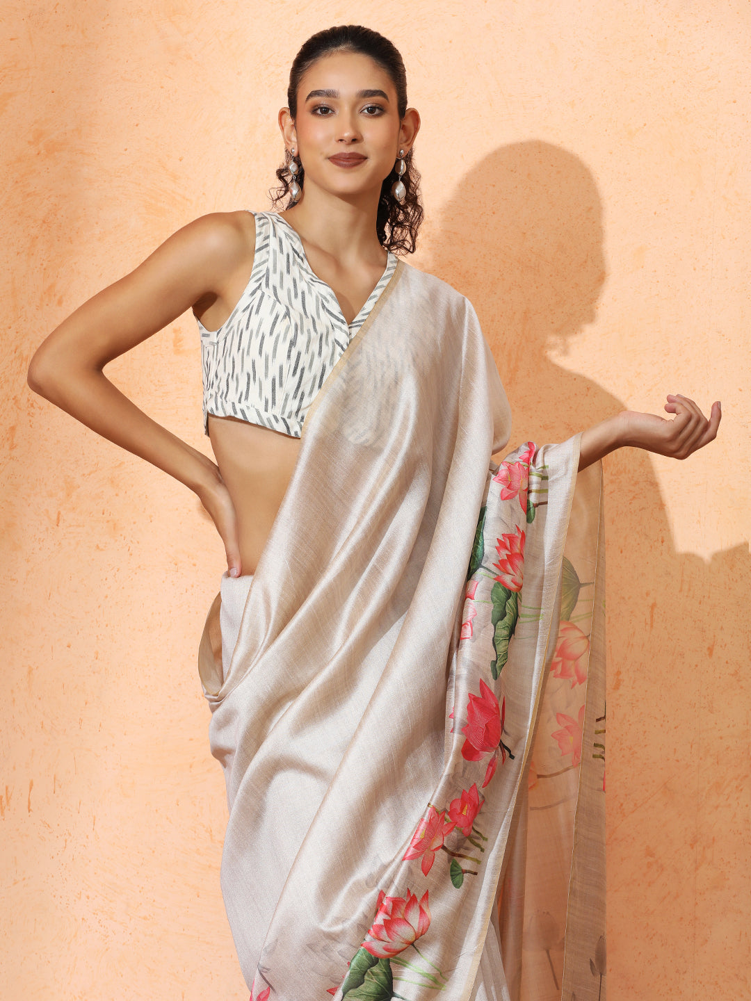 Floral Tussar Silk Saree with Unstiched Blouse