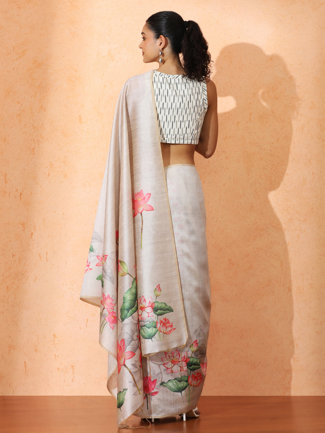 Floral Tussar Silk Saree with Unstiched Blouse