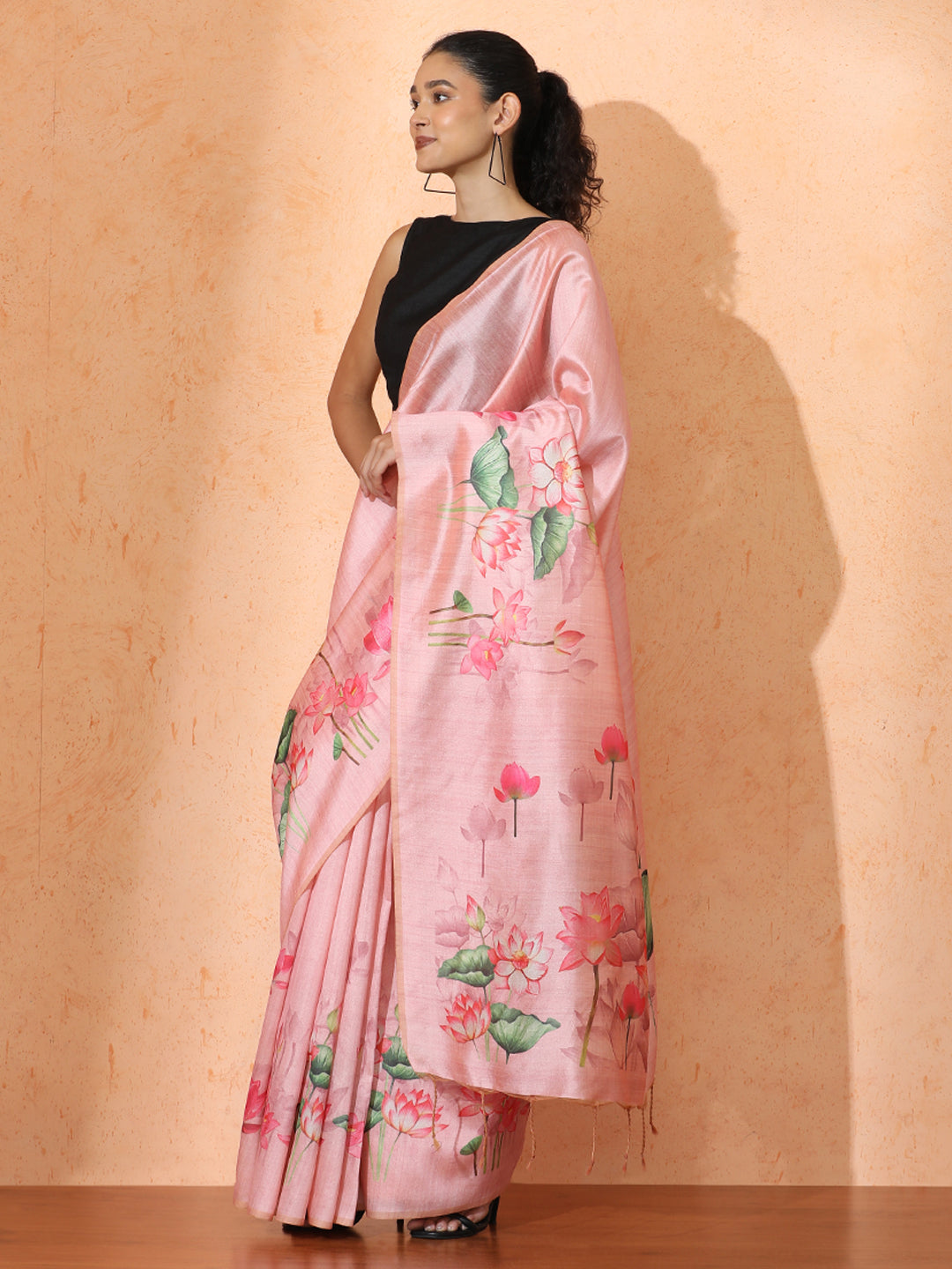 Floral Tussar Silk Saree with Unstiched Blouse