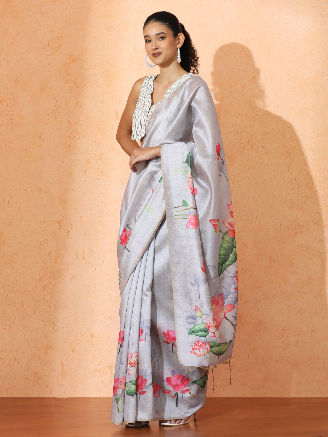 Floral Tussar Silk Saree with Unstiched Blouse