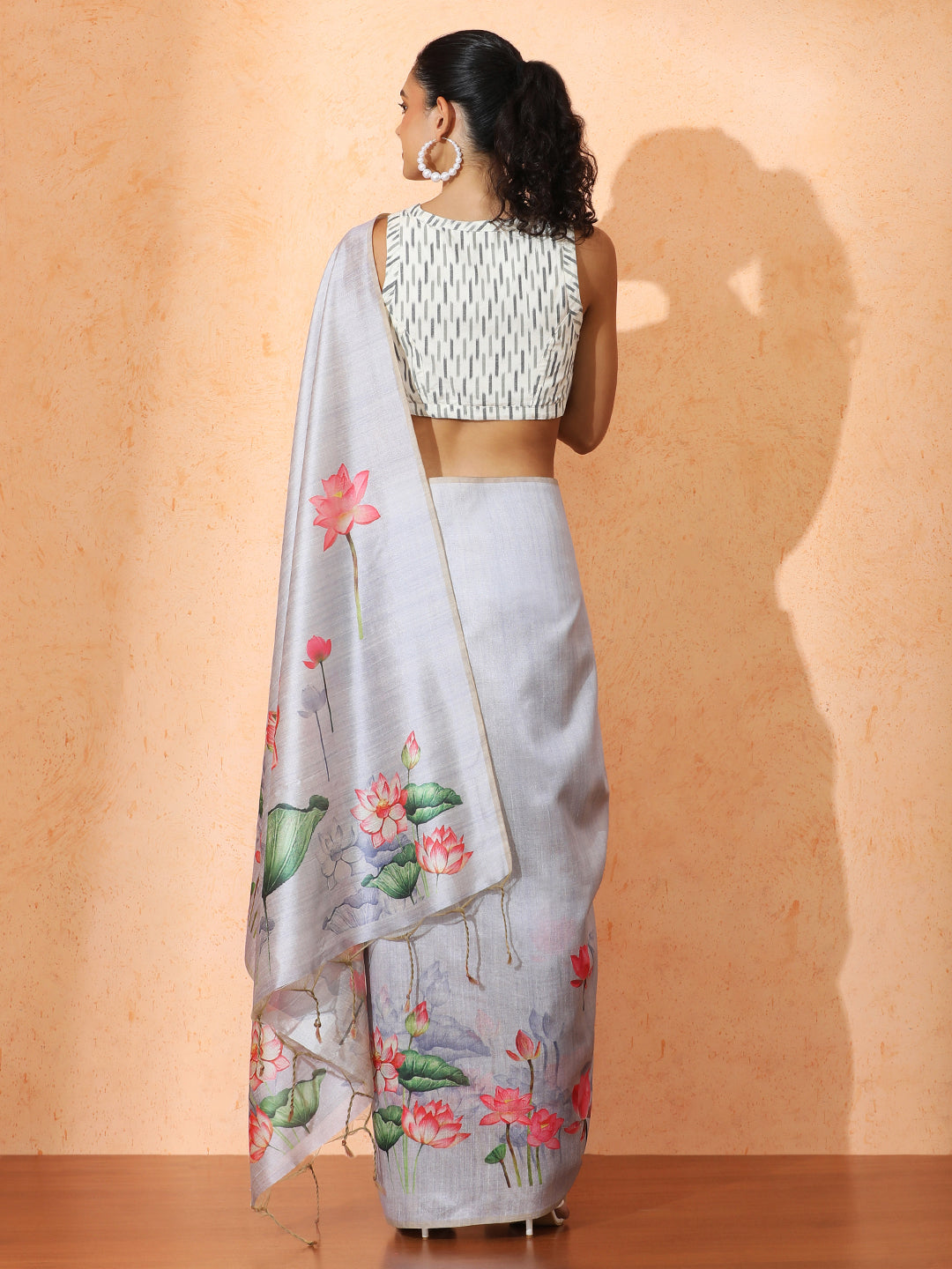 Floral Tussar Silk Saree with Unstiched Blouse