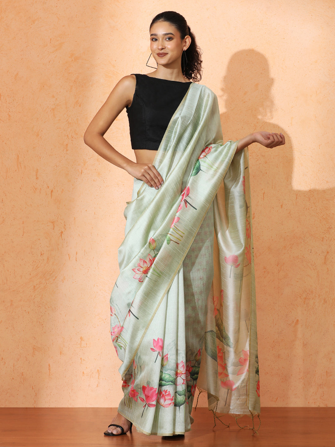 Floral Tussar Silk Saree with Unstiched Blouse