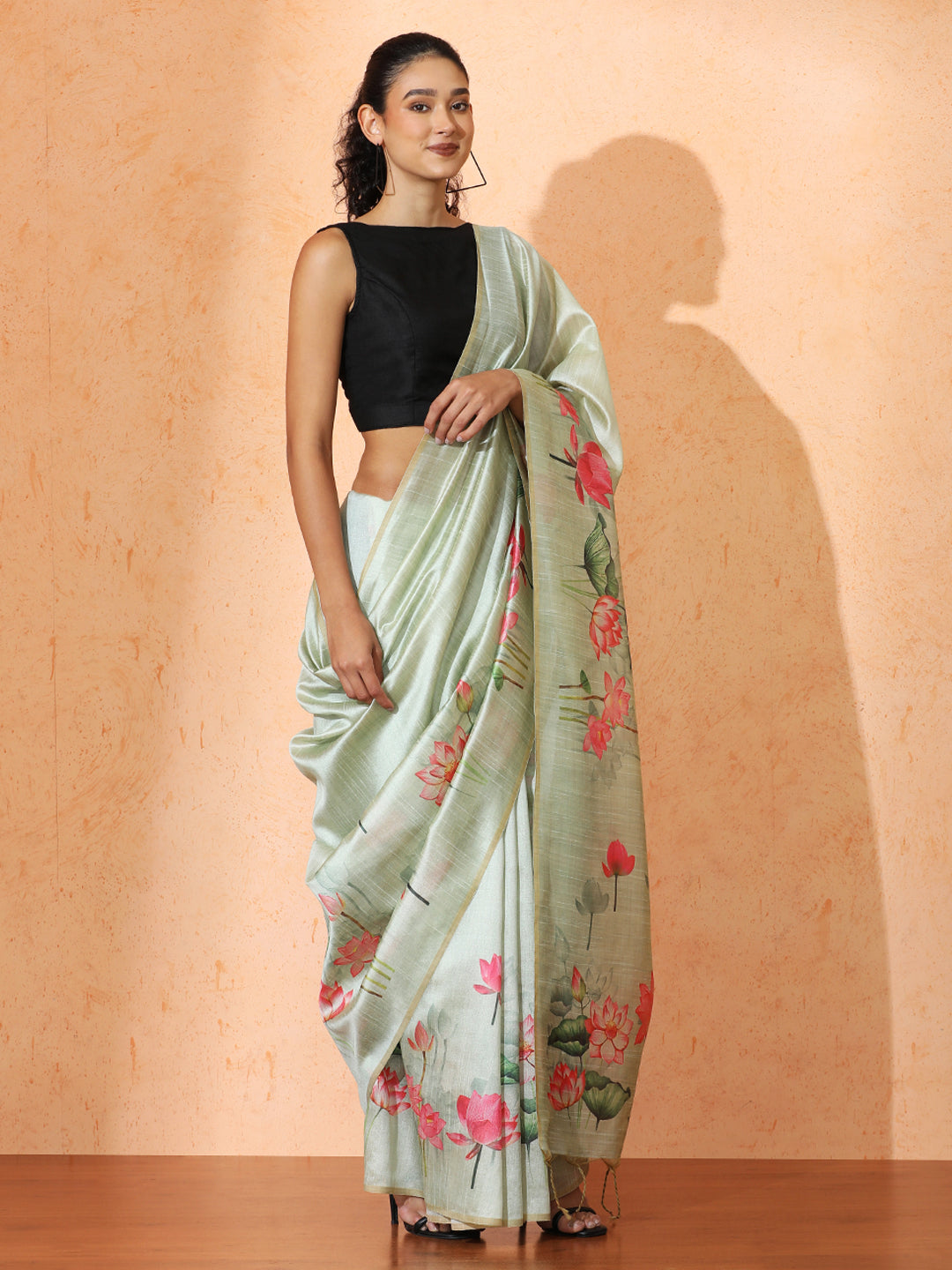 Floral Tussar Silk Saree with Unstiched Blouse