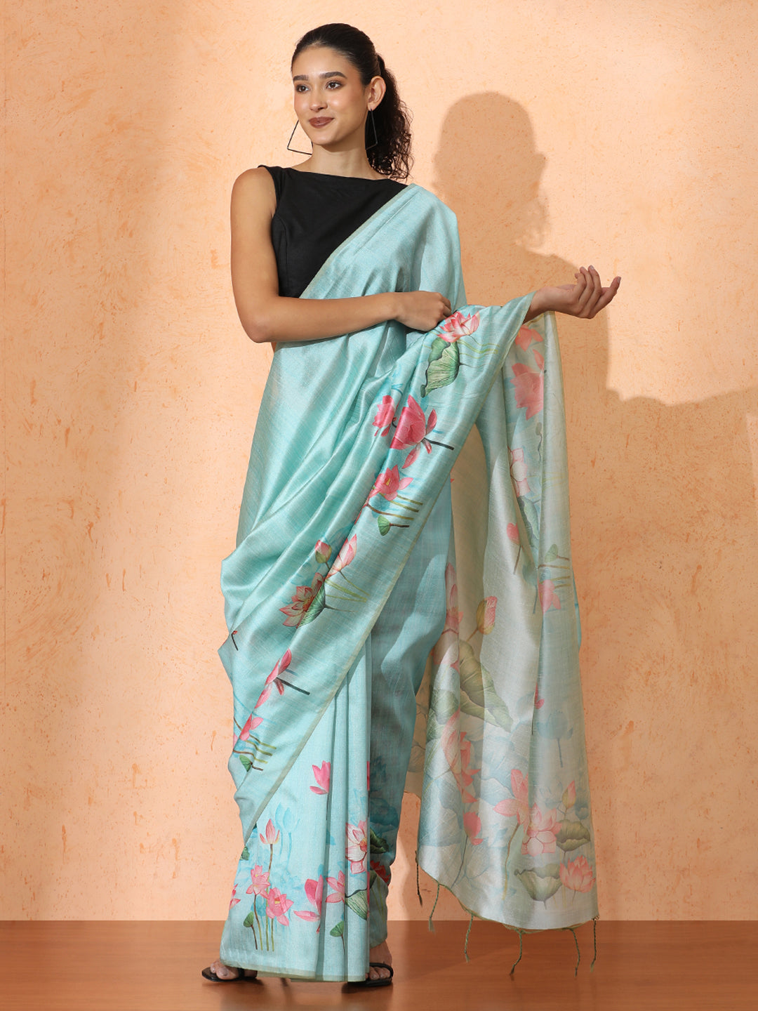 Floral Tussar Silk Saree with Unstiched Blouse