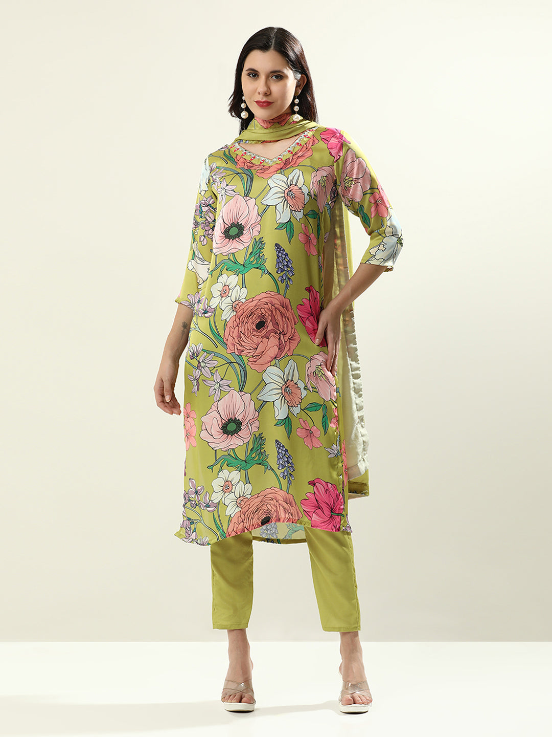 Embroidered Satin Floral Kurta Sets With Dupatta