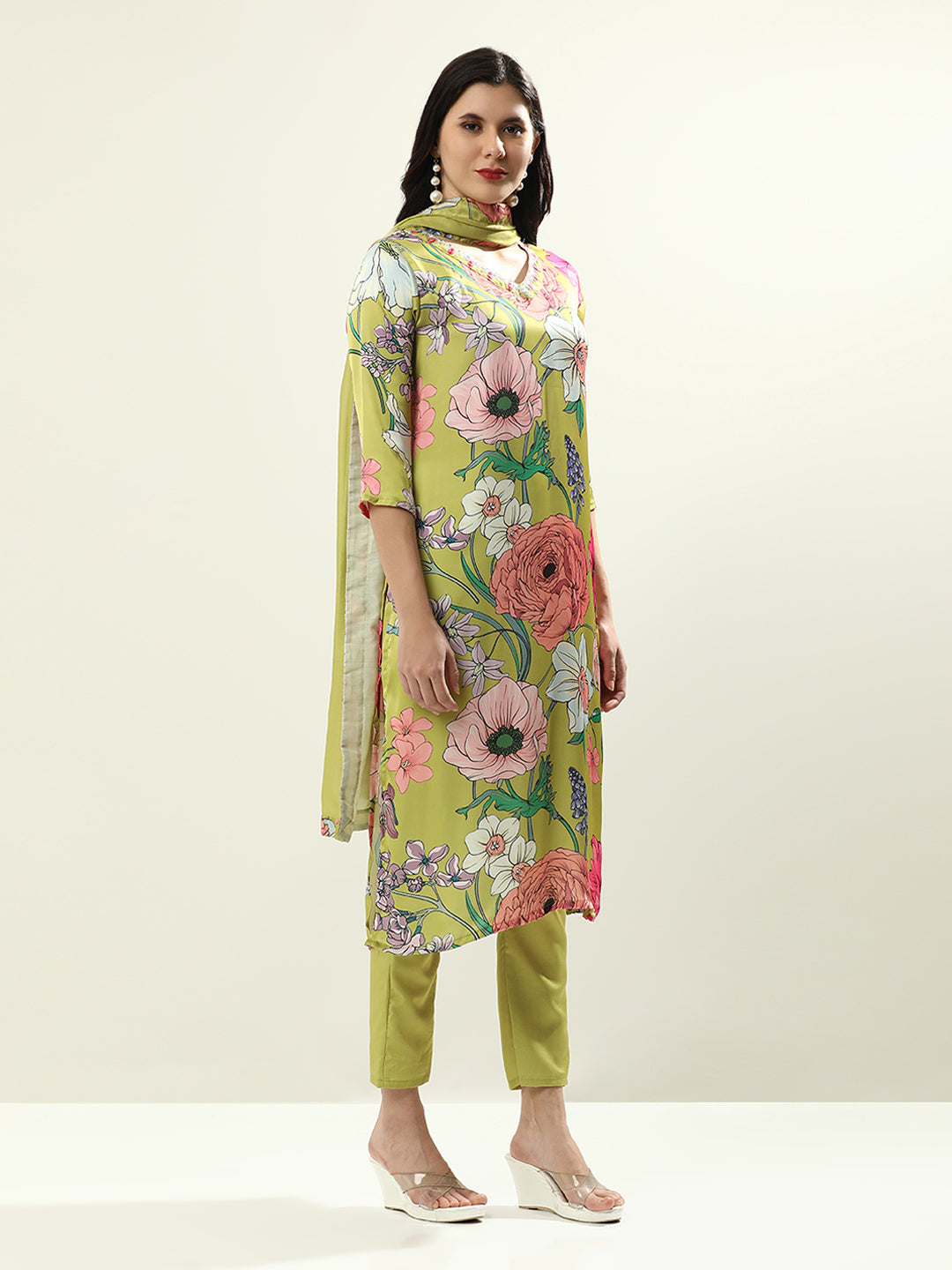 Embroidered Satin Floral Kurta Sets With Dupatta