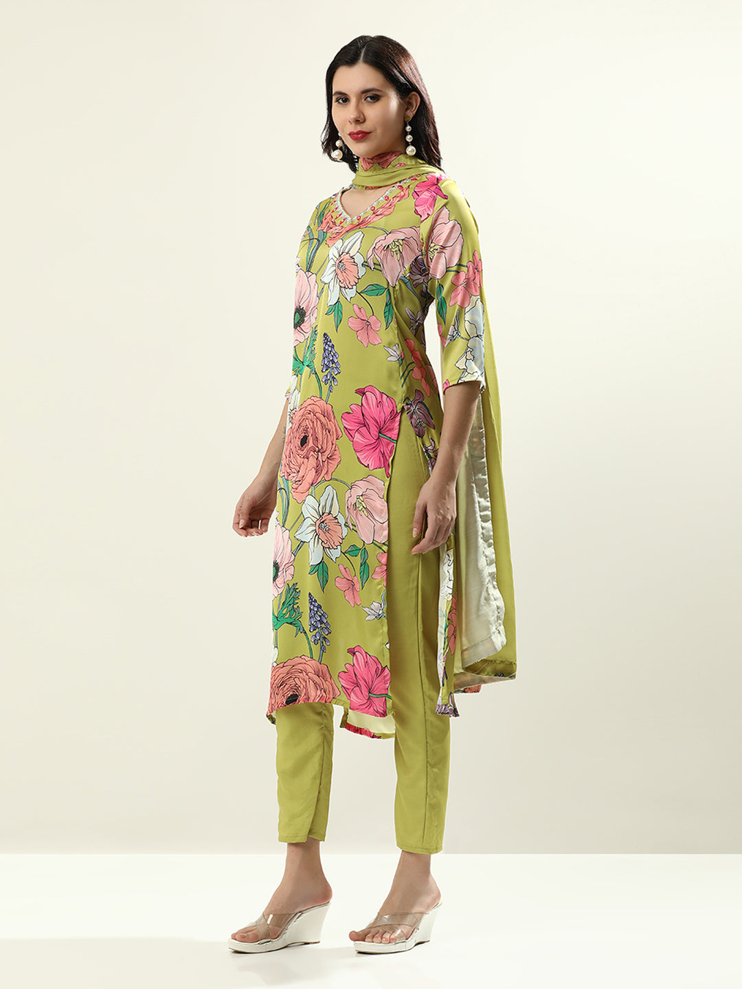 Embroidered Satin Floral Kurta Sets With Dupatta