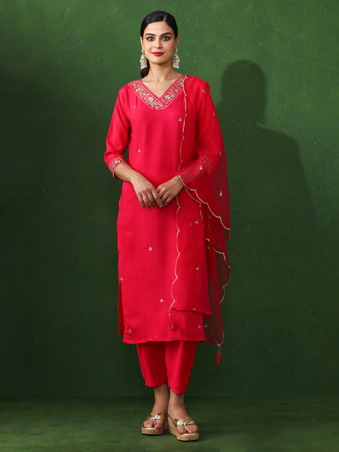Floral Embroidered Straight Chanderi Silk Kurta & Trousers Sets