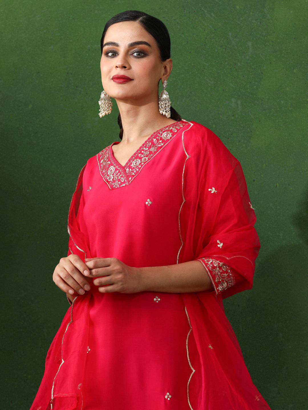 Floral Embroidered Straight Chanderi Silk Kurta & Trousers Sets