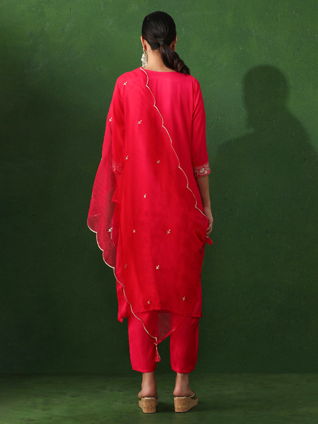 Floral Embroidered Straight Chanderi Silk Kurta & Trousers Sets