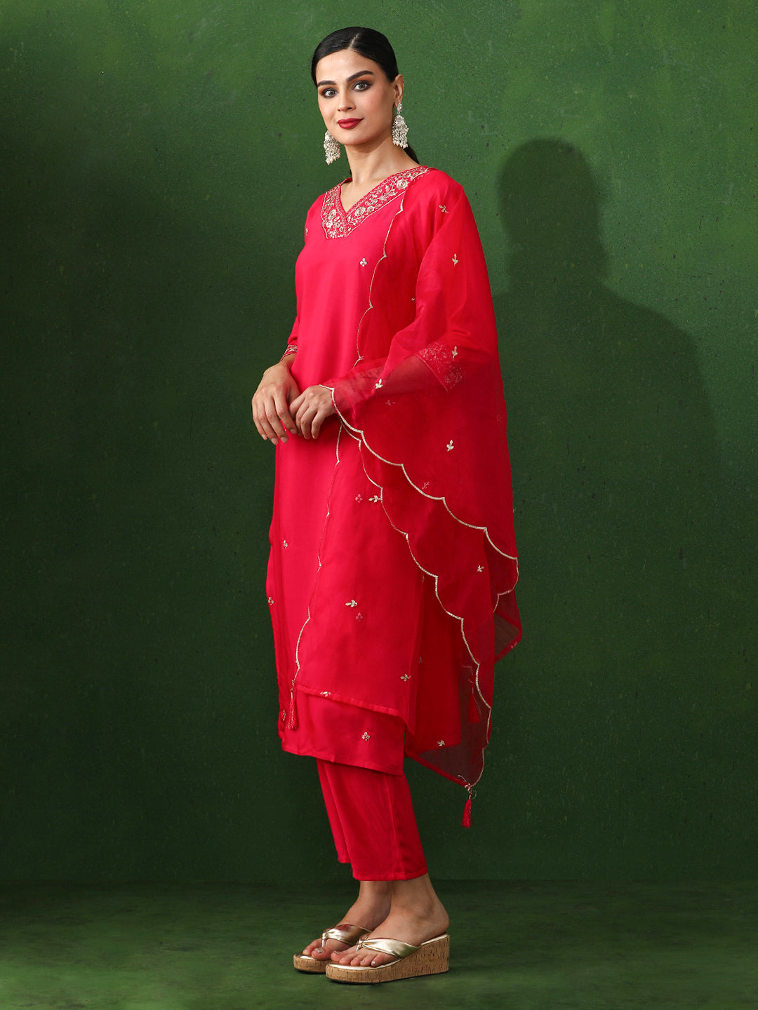 Floral Embroidered Straight Chanderi Silk Kurta & Trousers Sets