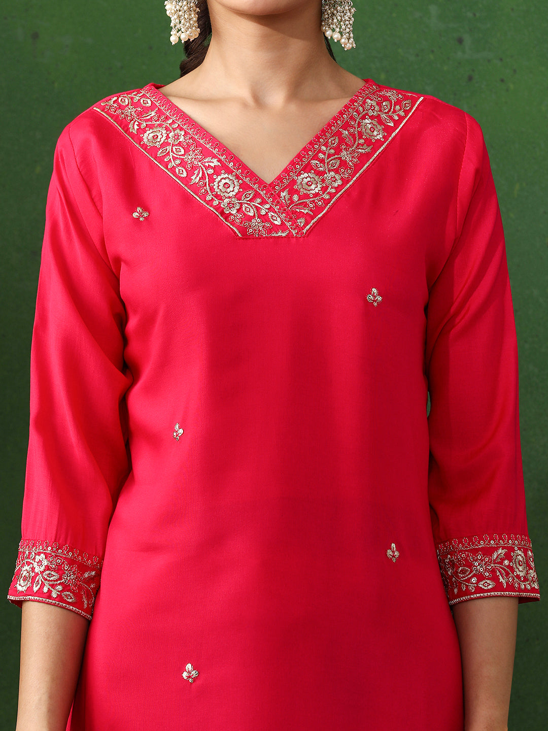 Floral Embroidered Straight Chanderi Silk Kurta & Trousers Sets