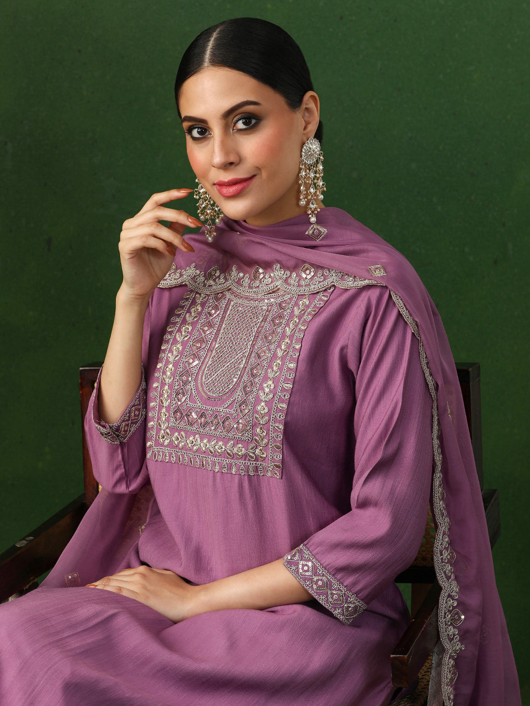 Solid Embroidered Straight Chinon Kurta & Trousers Sets