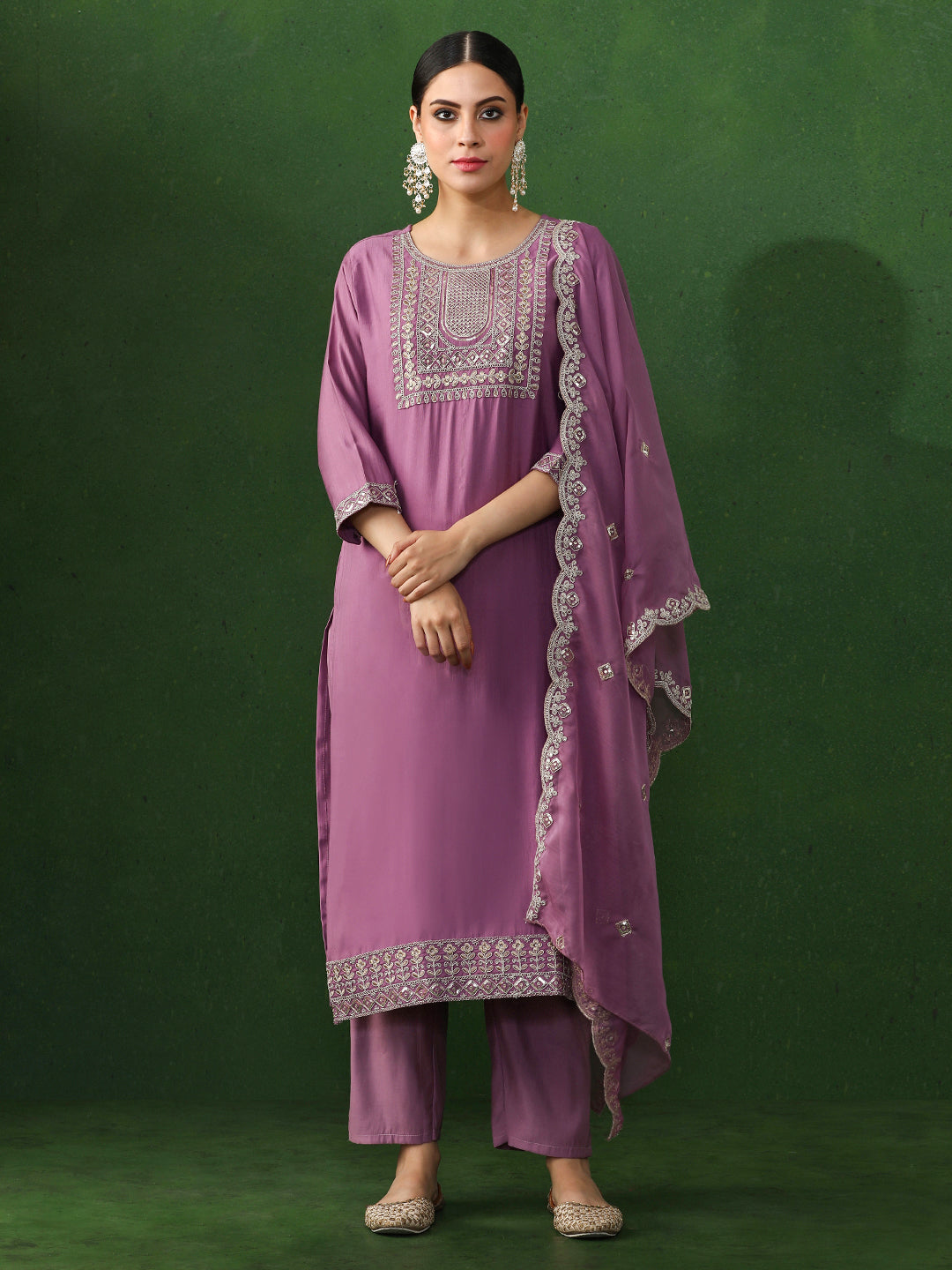 Solid Embroidered Straight Chinon Kurta & Trousers Sets