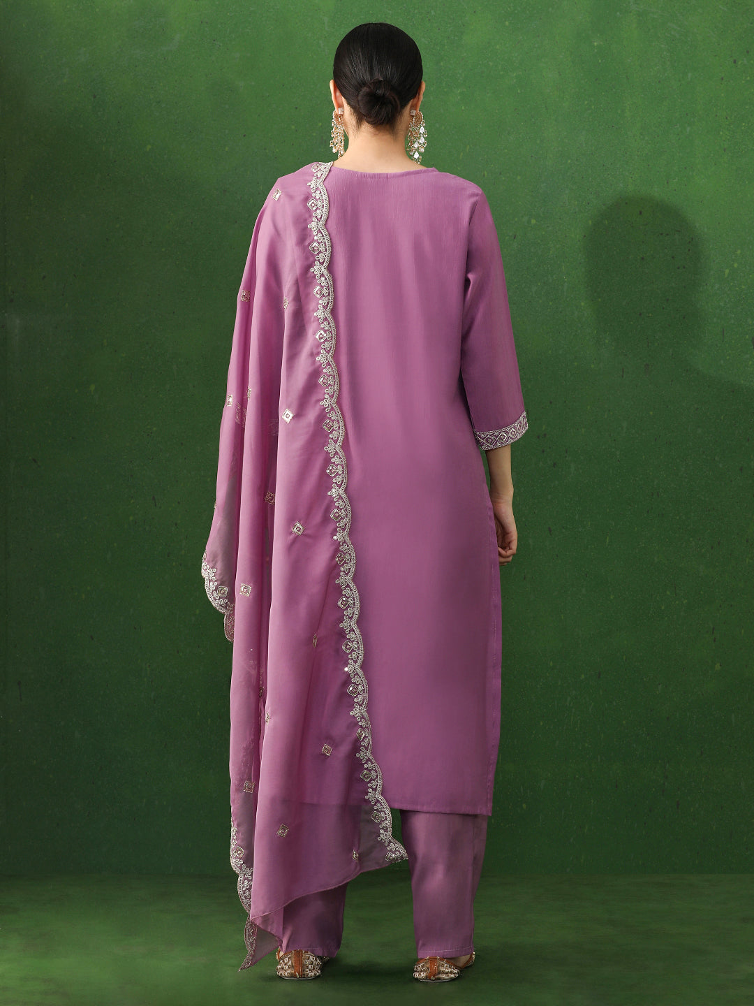 Solid Embroidered Straight Chinon Kurta & Trousers Sets